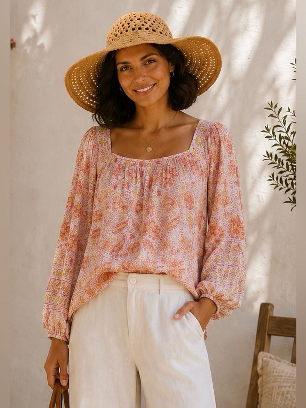 Lucky Brand Pink and Yellow Floral Peasant Tunic